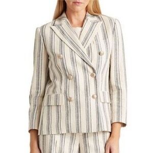 Lauren Ralph Lauren Size 8P Twill Linen Blend Striped Blazer Crest Buttons